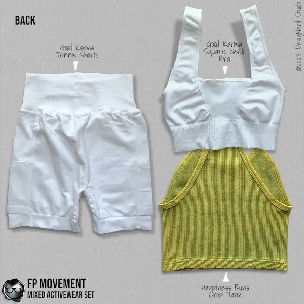 FP MOVEMENT SET GOOD KARMA SQUARE NECK BRA + TENNIS SHORTS + HAPPINESS RUNS CROP